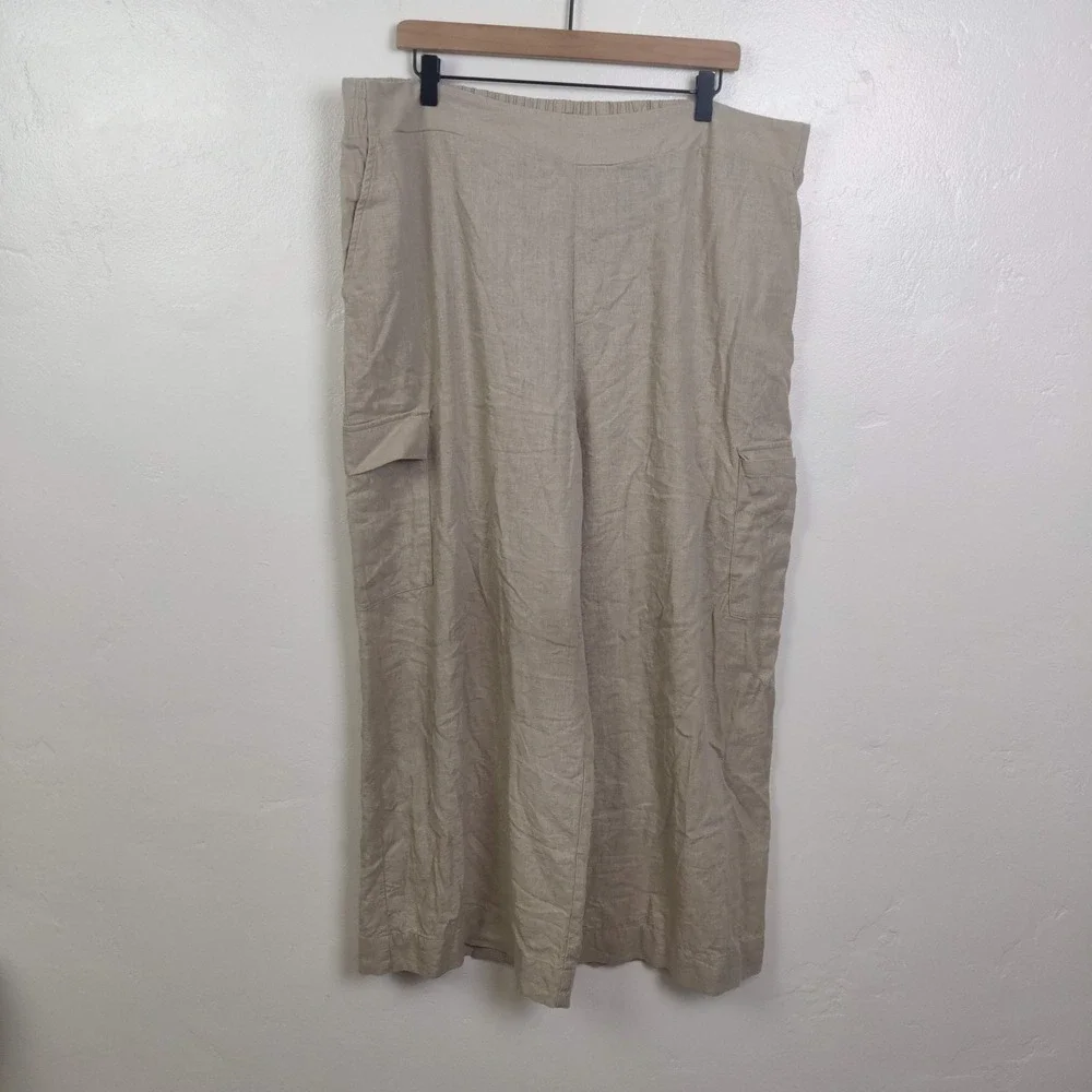 Jessica Simpson Womens Wide Leg Linen Blend Pants XL Beige Cargo Coastal Grandma